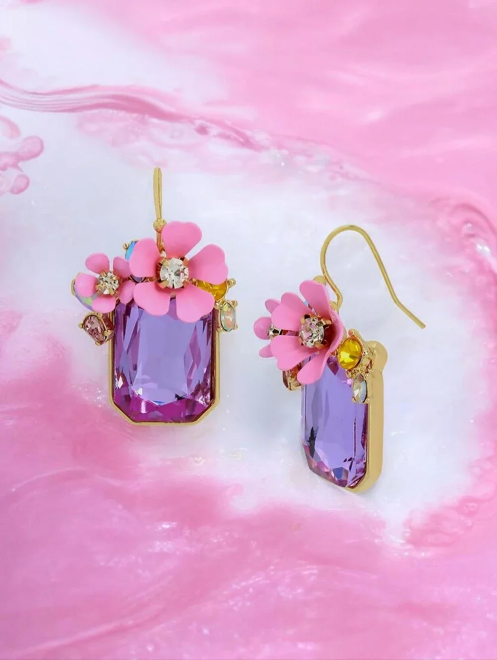 NEW Betsey Johnson Purple Pink Flower Cluster Iridescent Stone Drop Earrings NWT